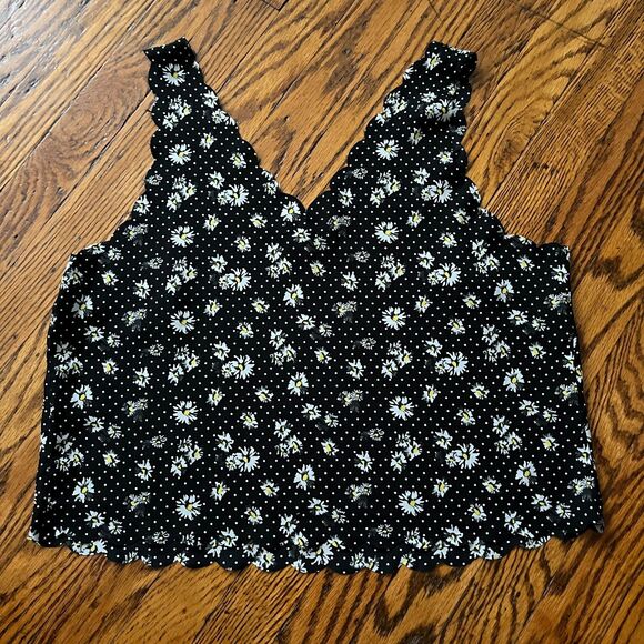 BONGO Dandelion Floral Polka Dot Print Black V-Neck Scoop Hem Tank Top Woman's S - Picture 4 of 5